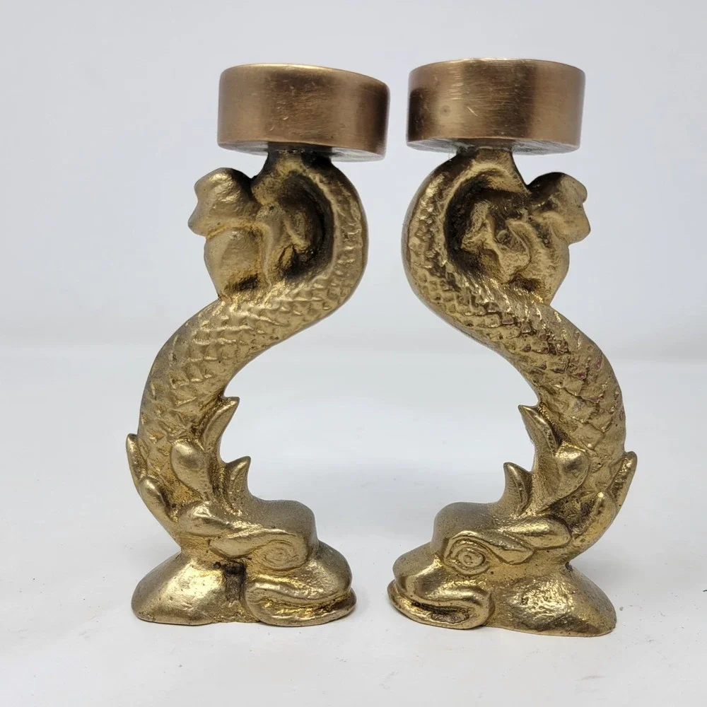 Vintage Brass Koi Fish Dolphin Candlestick Holders Set of 2 Hollywood Regency